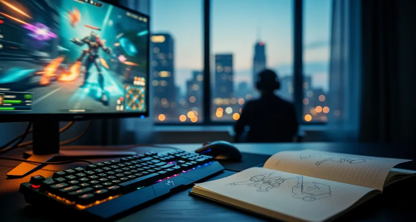 Vista de madrugada sobre una ventana con luces urbanas borrosas, teclado y ratón sobre mesa, cuaderno con esquemas simples, paleta azul y ámbar, clima tenso.