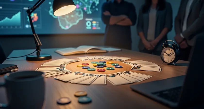 A quiet tabletop covered with blank cards, colored tokens, a notebook, and a small clock, lit by a warm lamp as a five person strategy session prepares to begin