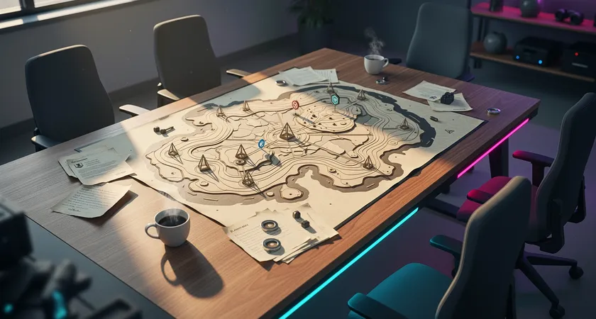 Aerial view of a wooden map table with folded paper notes, coffee cup, and five empty chairs arranged around it under soft morning light