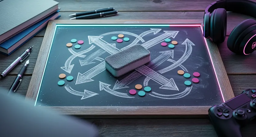 Close overhead shot of a chalkboard with abstract arrows, colored sticky dots, and a worn eraser, surrounded by pens and notebooks on a rustic desk