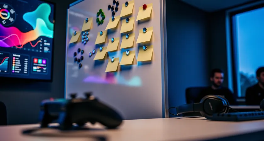 Low angle photo of a team whiteboard corner with magnetic tokens, blank note cards, and a dim meeting room lit by blue evening light