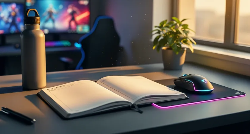Side view of a desk with a blank planner, mouse pad, water bottle, and plant near a window with soft golden light