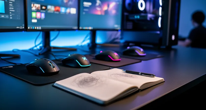 Bureau de gaming en fin de session, trois souris posées sur des tapis sombres, carnet ouvert sans texte lisible, lumière bleue tamisée, ambiance studieuse et tranquille