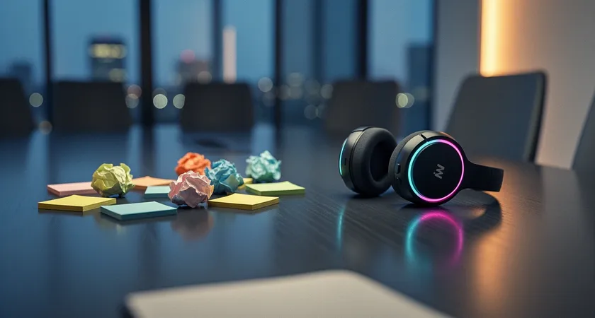 Vue large d'une table de réunion vide avec cinq chaises autour, post-it brouillés, casque de gaming posé sur une assise, ambiance floue du soir