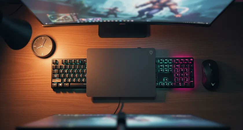 Plan de dessus d'un desk avec carnet fermé, clavier mécanique, souris sombre, horloge analogique, écran hors focus, lumière chaude et cadrage net