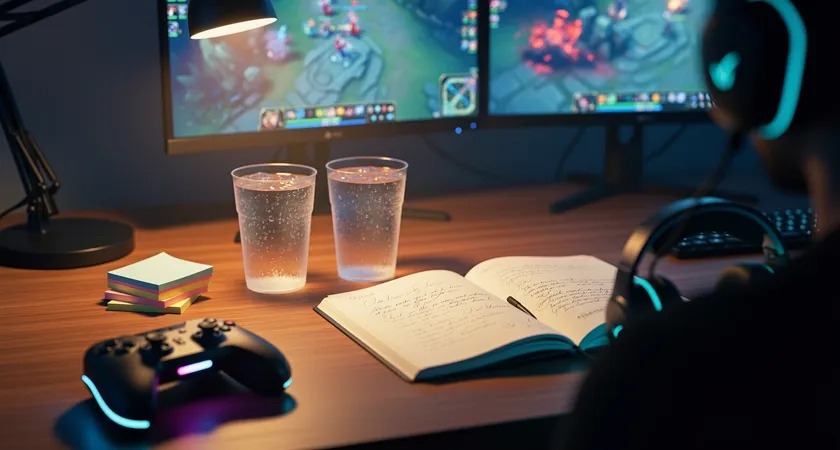 Mesa de madera con dos tazas frías, post-it apilados, cuaderno abierto con notas borrosas, luz de lámpara en habitación nocturna, ambiente calmado tras una sesión