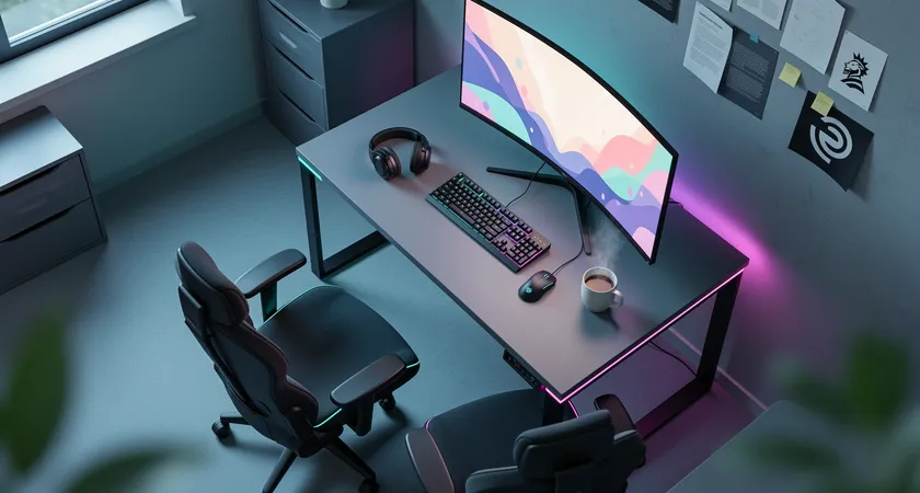 Plano cenital de dos sillas vacías frente a un escritorio minimalista, auriculares sobre la mesa, taza medio llena, luz azulada suave en oficina pequeña