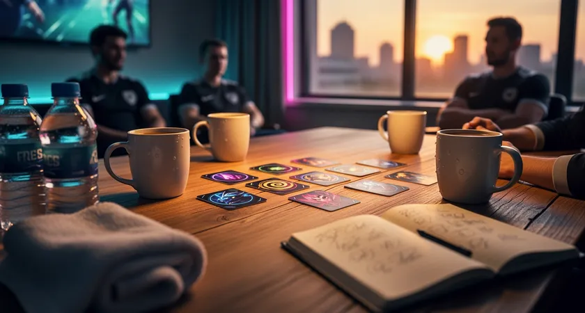 Mesa de comunidad con varias tazas, baraja de cartas de objetivos, libreta con líneas borrosas, ventana con luz atardecer, ambiente de descanso tras entrenar