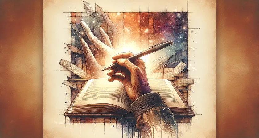 Une main tenant un stylo au-dessus d'un cahier ouvert