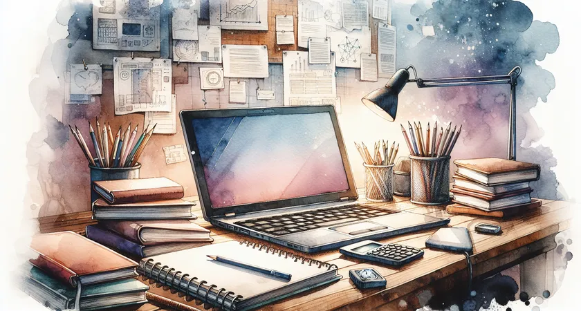 Un ordinateur portable sur un bureau scolaire avec des cahiers autour