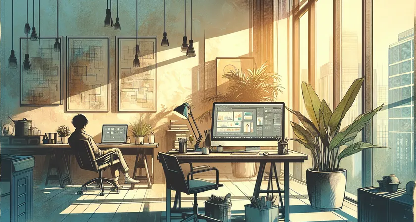 Un bureau moderne avec un ordinateur allumé et des plantes