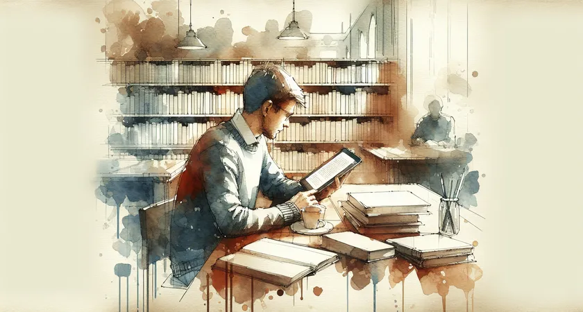 Une personne étudiant sur une tablette dans une bibliothèque