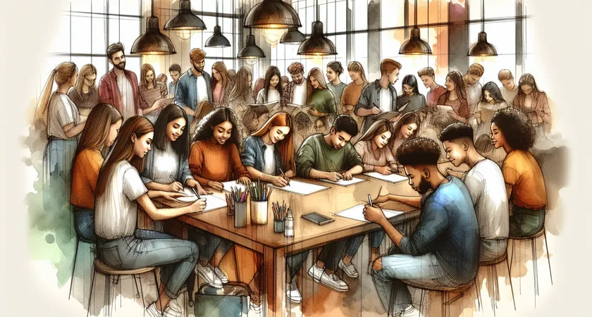 Des élèves écrivant autour d’une grande table