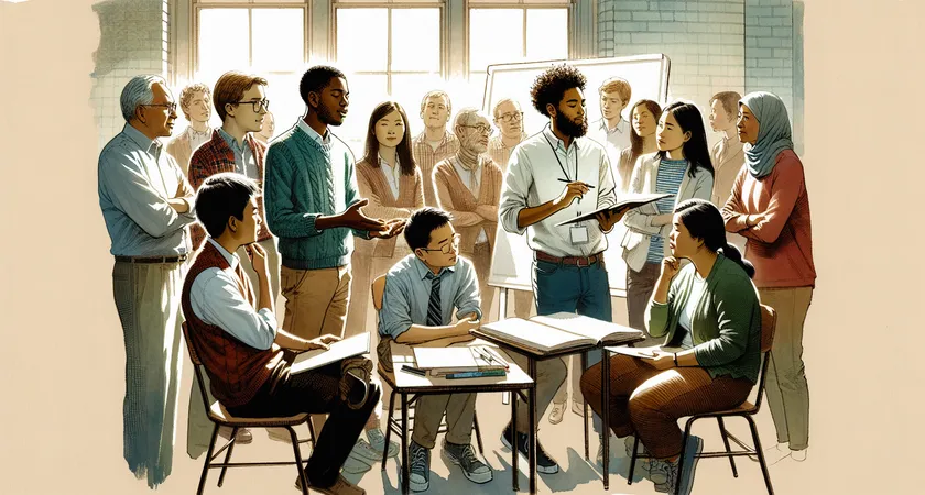 Des étudiants travaillant en groupe autour d’un tableau blanc