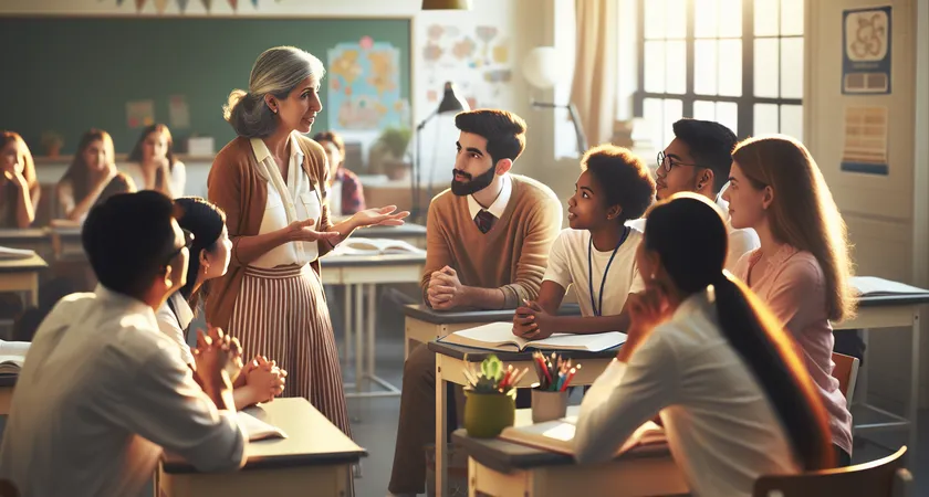Un professeur discutant avec des élèves dans une salle de classe lumineuse