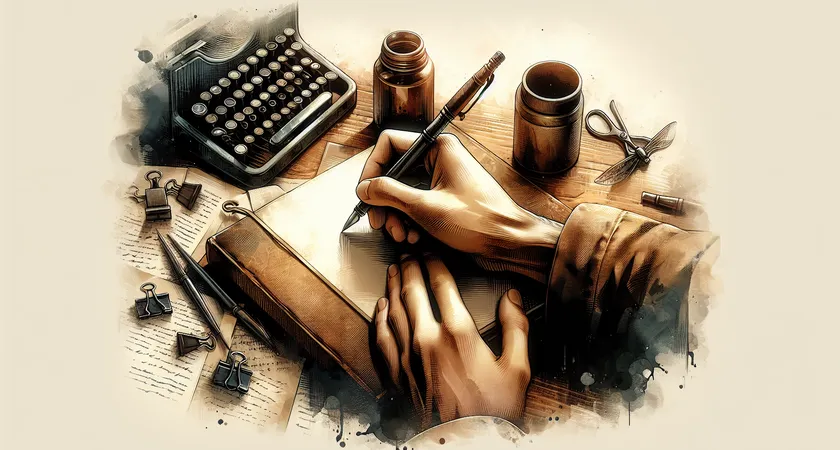 Une main tenant un stylo au-dessus d’un carnet