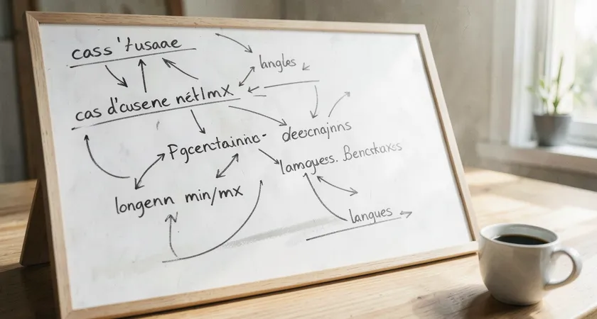 Gros plan sur un tableau blanc couvert de notes manuscrites reliées par des flèches, posé sur une table de réunion en bois clair. On distingue des mots clés comme 'cas d'usage', 'longueur min/max', et 'langues'. Une tasse de café est à moitié pleine en bord de cadre, lumière naturelle neutre