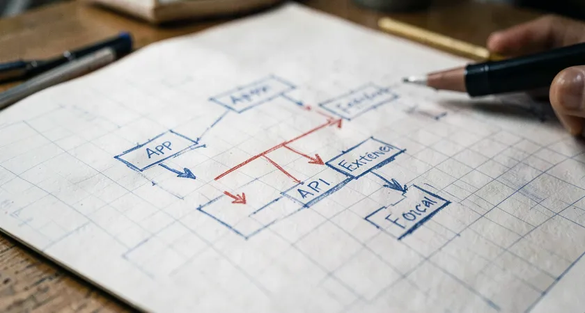 Schéma architectural dessiné à la main sur un papier quadrillé, photographié en plongée. Des boîtes étiquetées 'App', 'Service Cache', 'API Externe' et 'Fallback Local' sont reliées par des flèches. Stylo feutre bleu et rouge, ombre portée douce, ambiance de travail d'architecte logiciel
