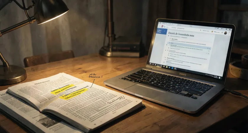 Extrait d'une liste de mots imprimée sur papier journal, avec deux termes surlignés en jaune et reliés par une note manuscrite 'vérifier fréquence A1'. Autour, un dictionnaire ouvert et un ordinateur portable affichant une page de niveau de langue. Lumière de lampe de bureau chaude, ambiance de recherche linguistique