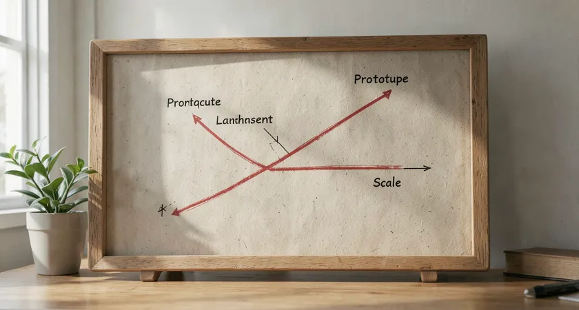 Graphique linéaire simple dessiné sur un tableau en liège, illustrant une courbe de coût croissant avec le volume d'appels. Des punaises rouges marquent des seuils critiques 'Prototype', 'Lancement', 'Scale'. Fond de bureau sobre avec plante verte, lumière naturelle latérale
