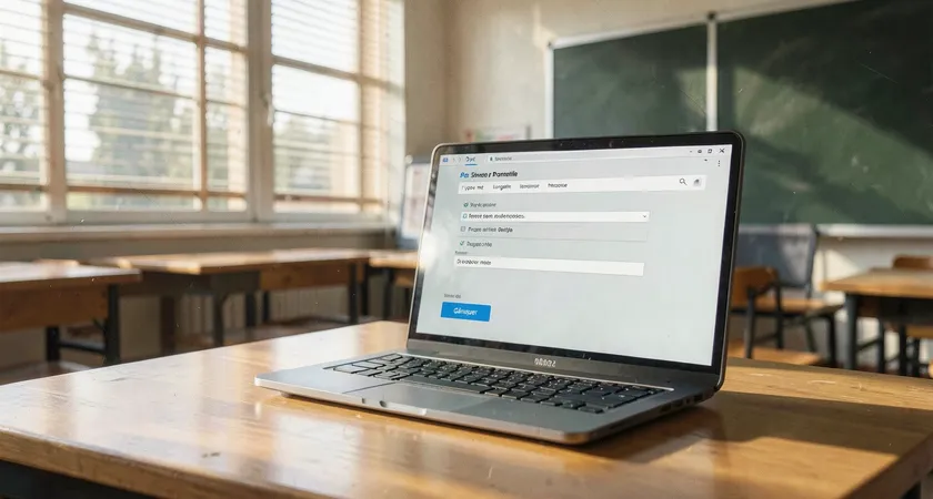 Plan serré sur l'écran d'un ordinateur portable dans une salle de classe vide, montrant une interface simple avec des champs de filtre (type de mot, longueur, fréquence) et un bouton "Générer". Lumière douce de l'après-midi filtrant par les stores, reflet d'un tableau vert sur l'écran, ambiance calme et concentrée.