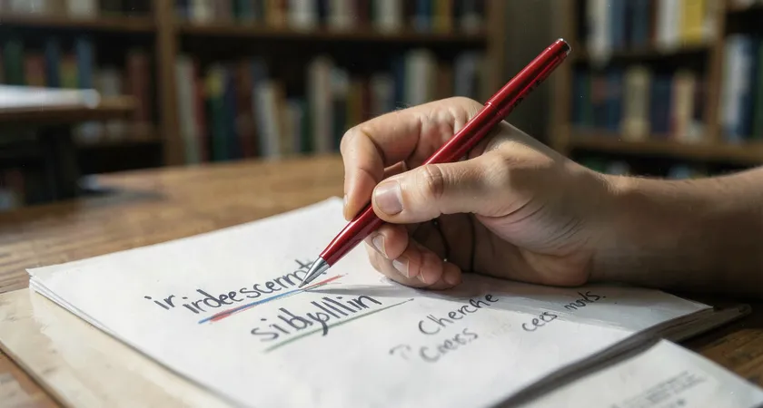 Gros plan sur une main tenant un stylo rouge qui corrige une copie d'élève. Sur la feuille, on voit une phrase avec les mots "iridescent" et "sibyllin" soulignés, avec une note en marge : "Cherche ces mots". Fond flou d'une bibliothèque de classe, lumière tamisée, ambiance de travail minutieux.