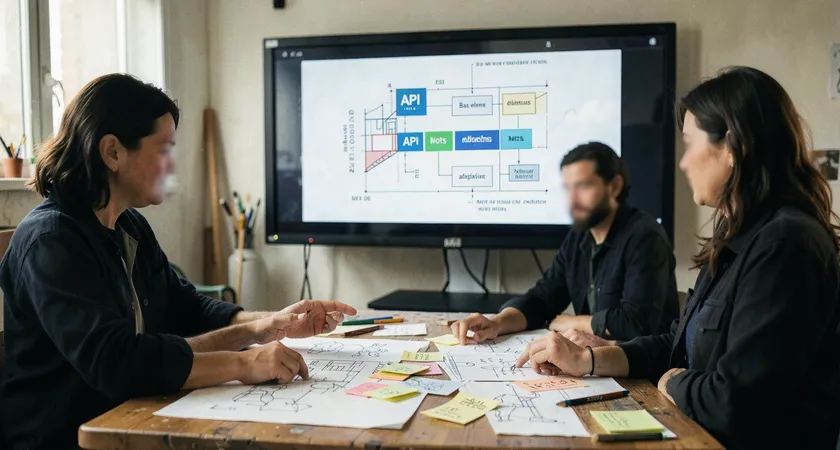 Vue d'ensemble d'un atelier de travail collaboratif. Trois personnes (visages floutés) sont autour d'un écran mural affichant un schéma d'architecture technique avec des blocs "API Mots", "Base élèves", "Moteur adaptatif". Table couverte de croquis et de post-it, ambiance dynamique et concentrée.