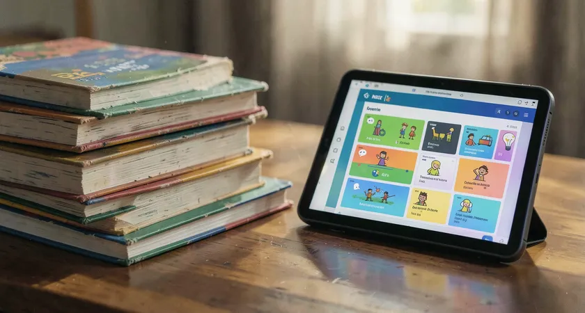 Photo en contre-plongée d'une pile de manuels scolaires et de cahiers d'exercices traditionnels, juxtaposée à une tablette allumée affichant une interface colorée d'exercices interactifs générés dynamiquement. La composition illustre le contraste entre le support fixe et le support évolutif.