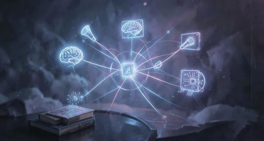 Vue conceptuelle et artistique montrant un réseau de lignes lumineuses connectant des icônes symbolisant un livre, un haut-parleur, un écran, un cerveau et une puce électronique, représentant l'interconnexion des technologies au service de l'apprentissage. Ambiance futuriste douce, couleurs bleu et violet.