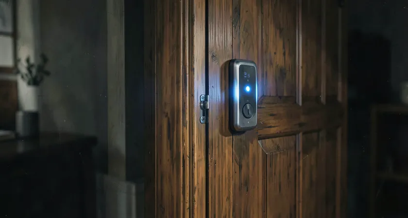 Gros plan sur une porte en bois massif avec une serrure électronique moderne intégrée, éclairée par une veilleuse bleutée dans un coulour sombre, métaphore visuelle de la sécurisation d'un point d'accès technique