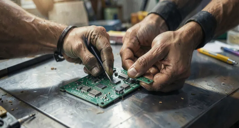 Vue en plan serré de deux mains gantées assemblant des pièces d'un circuit électronique complexe sur une table de travail en métal, symbolisant l'assemblage méticuleux des différents protocoles d'authentification