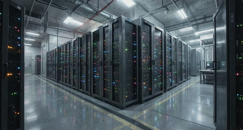 Panorama d'un datacenter moderne, rangées de serveurs aux LEDs clignotantes, vue depuis une passerelle de service, ambience froide et contrôle total