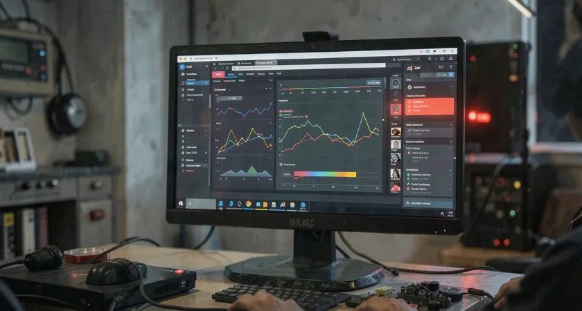 Écran d'ordinateur affichant un dashboard de monitoring avec plusieurs graphiques de trafic réseau, une alerte rouge clignotante sur un panneau latéral, ambiance de contrôle de mission technique