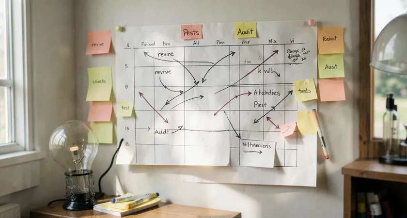 Plan moyen sur un calendrier mural papier entouré de post-it, des marqueurs traçant des flèches entre des tâches récurrentes de "revue", "test" et "audit", lumière naturelle de bureau
