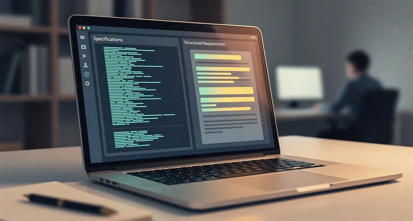 Gros plan sur un écran d'ordinateur portable affichant deux fenêtres côte à côte : à gauche, une interface sobre de type terminal avec des lignes de mots générés, à droite, un document de spécification technique avec des exigences surlignées, ambiance de travail concentré en milieu de journée, lumière neutre