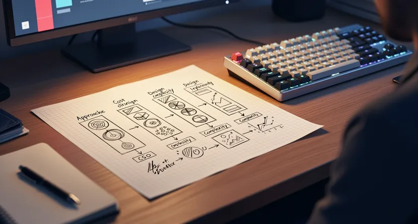 Diagramme schématique dessiné à la main sur un papier quadrillé, comparant visuellement les cinq approches avec des flèches et des notes sur les coûts et la complexité, posé à côté d'un clavier mécanique, ambiance de travail de conception