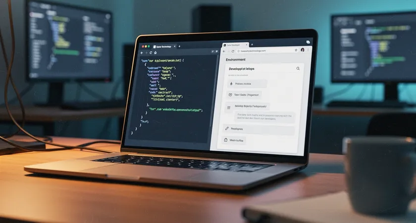 Capture d'écran d'un terminal avec une commande curl testant une API, affichant une réponse JSON bien formatée avec des mots générés, juxtaposée à un navigateur ouvert sur une page de documentation technique avec onglets, ambiance de test de développement