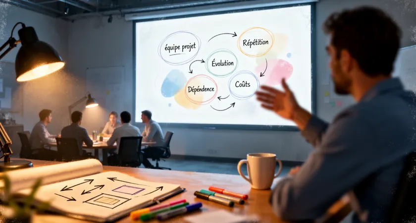 Plan moyen d'une réunion d'équipe projet autour d'un tableau, où sont inscrits les mots 'Répétition', 'Évolution', 'Dépendance', 'Coûts' entourés, une personne pointe un graphique sur un écran, ambiance de rétrospective projet