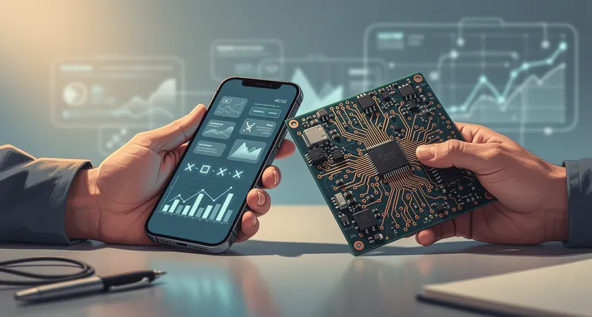 Vue stylisée de deux mains, l'une tenant un smartphone affichant une interface utilisateur simple, l'autre tenant une plaque de circuit imprimé complexe, les deux se rejoignant au centre, symbolisant la connexion entre interface simple et infrastructure complexe, fond flou