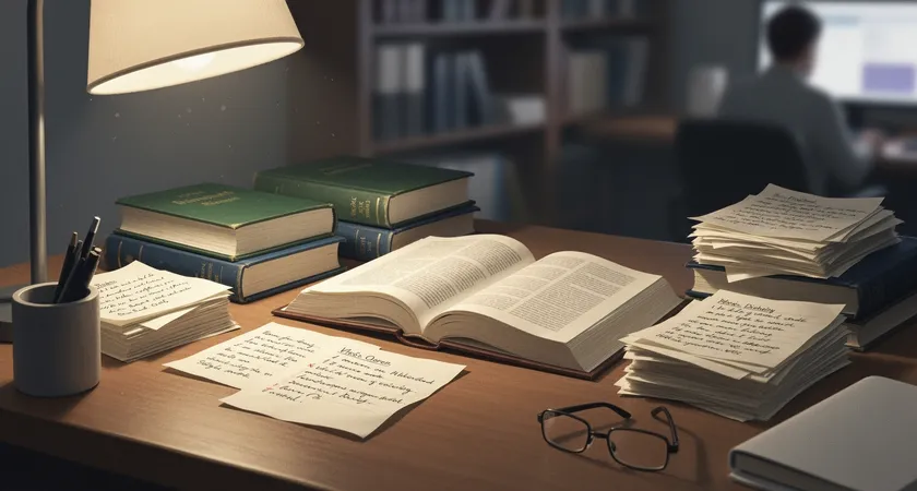 Bureau de travail d'un lexicographe, plan large sur une table avec plusieurs dictionnaires spécialisés ouvert, des feuilles de notes manuscrites organisées par thème, lumière neutre d'un lampadaire, ambiance de recherche méthodique