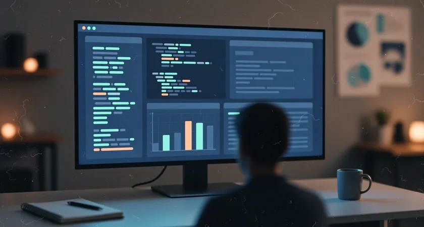 Interface de développement sur un écran large, fenêtre de code avec une réponse JSON bien formatée visible, console affichant les clés 'mot', 'genre', 'niveau', lumière d'écran bleutée dans un environnement de travail sombre