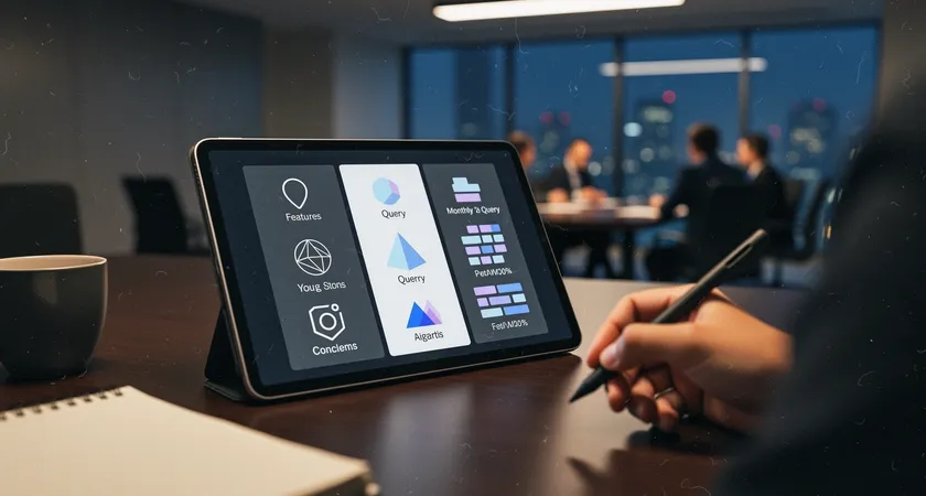 Graphique de comparaison schématique sur tablette, trois colonnes "Freemium", "Pro", "Entreprise" avec des icônes de fonctionnalités et des chiffres de requêtes/mois, main d'utilisateur tenant un stylo, ambiance de réunion décisionnelle