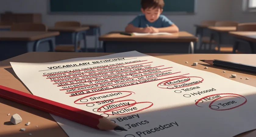 Plan rapproché sur une feuille d'exercice de vocabulaire imprimée, mots complexes et obscurs soulignés au crayon rouge, visage d'un étudiant perplexe visible en arrière-plan flou, ambiance de frustration en classe