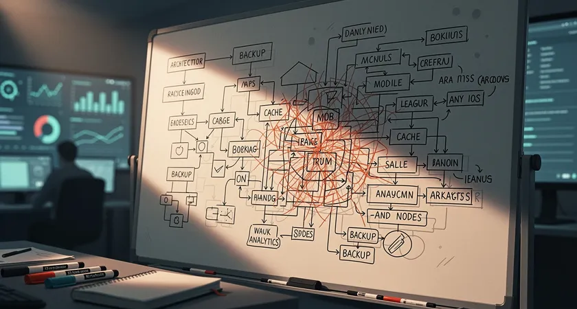 Diagramme architectural sur un tableau blanc, flux d'origine simple "API -> App" redessiné en un réseau complexe avec cache, analytics, backup, traits de stress visibles sur le schéma initial, ambiance de replanification urgent