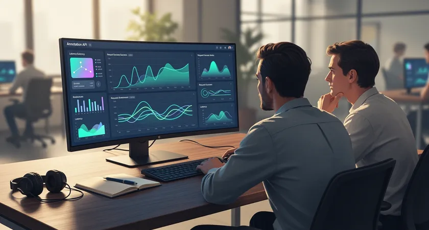 Deux professionnels en discussion autour d'un écran présentant un dashboard de performance d'API, graphiques de latence et de succès des requêtes, postures engagées et concentrées, lumière naturelle d'un open-space calme