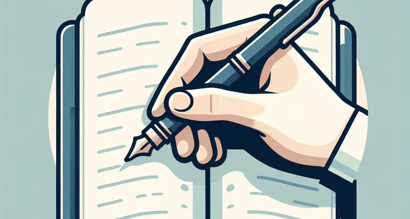 Une main tenant un stylo au-dessus d’un carnet ouvert