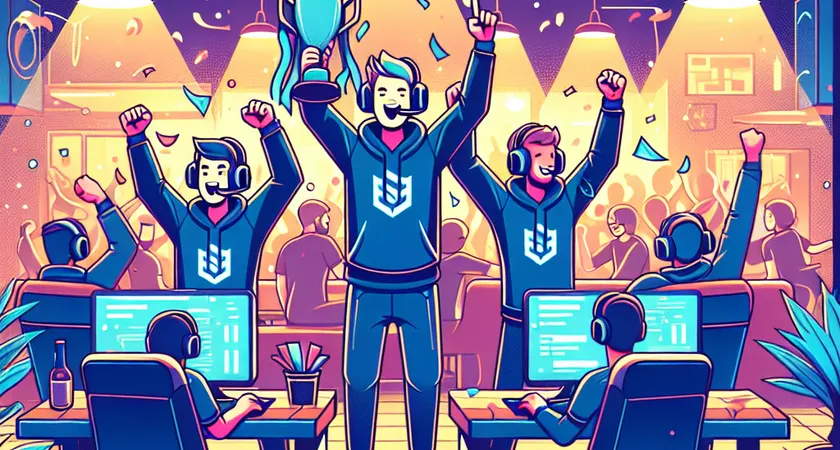 Une équipe célébrant une victoire e-sportive dans une salle sombre animée