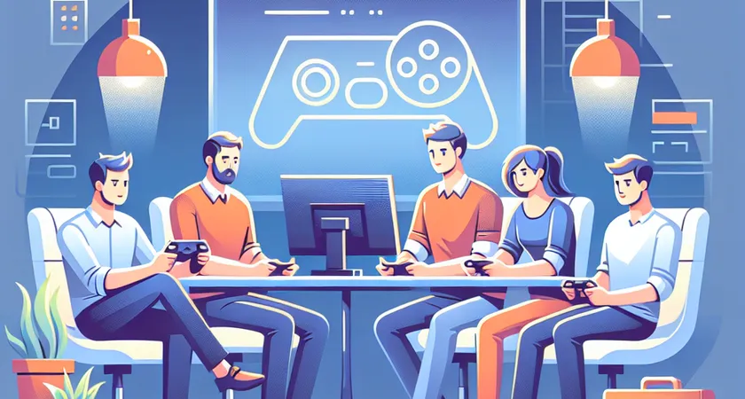 Cinq joueurs discutant devant un écran d’ordinateur dans une ambiance de jeu vidéo
