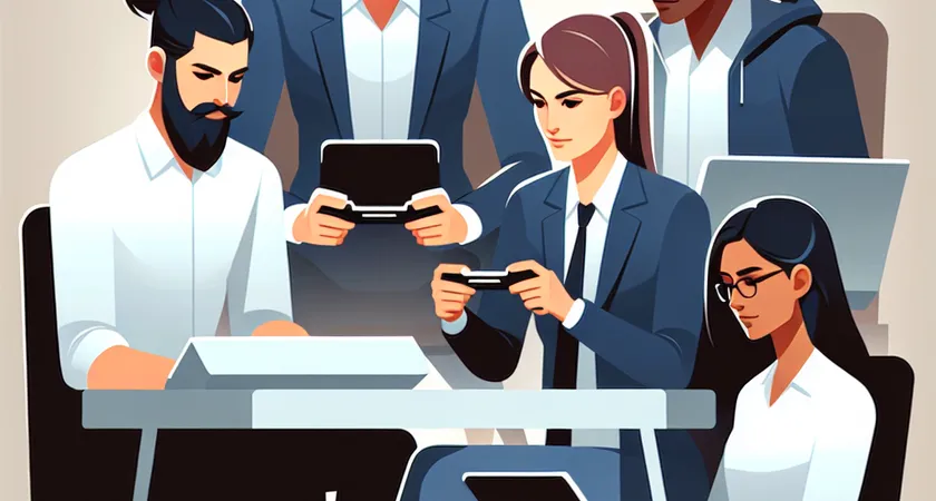 Cinq gamers concentrés autour d'un ordinateur portable