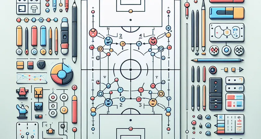 Un tableau blanc couvert de schémas de jeu et de flèches colorées